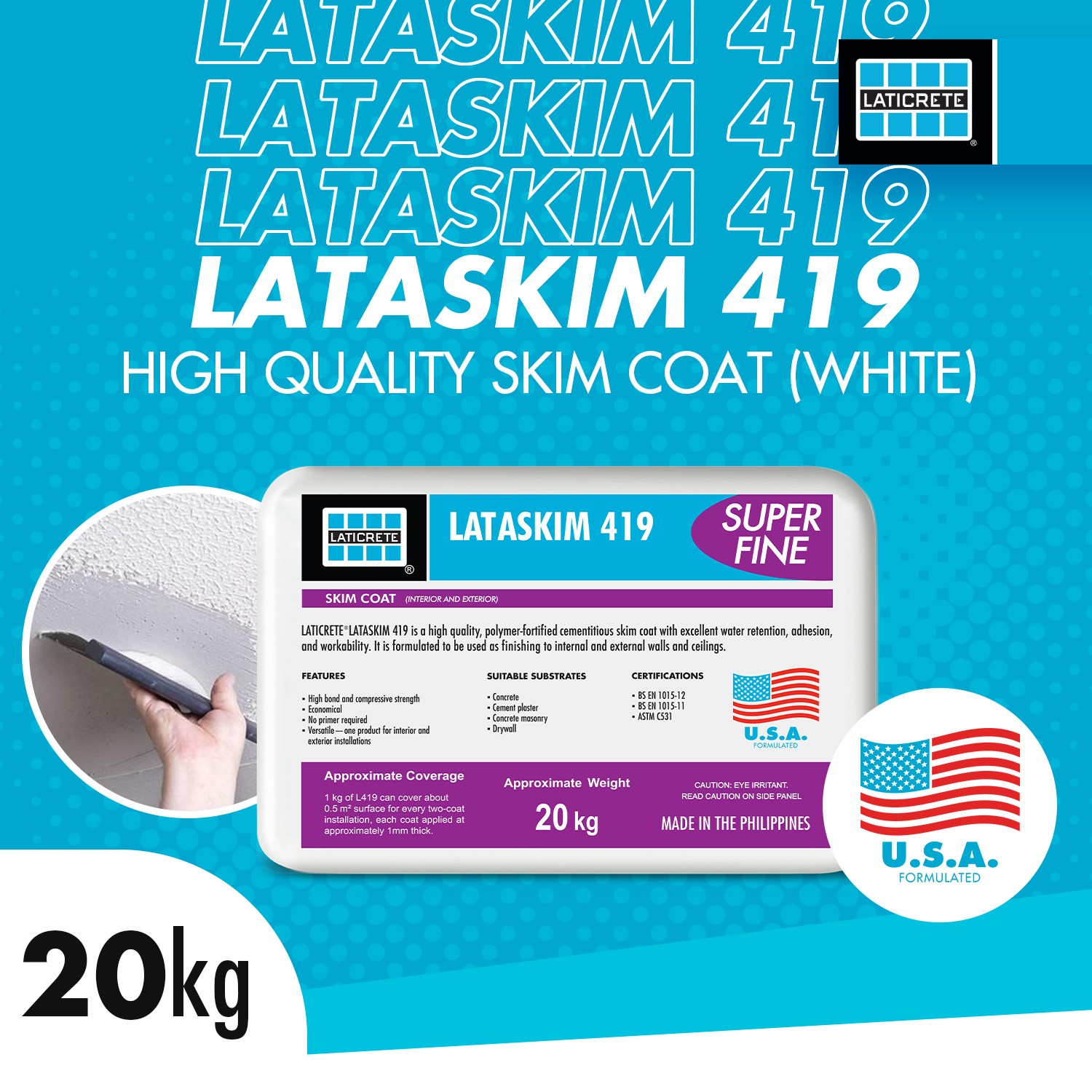 LATICRETE® LATASKIM 419 SUPER FINE SKIM COAT 20kg (WHITE)